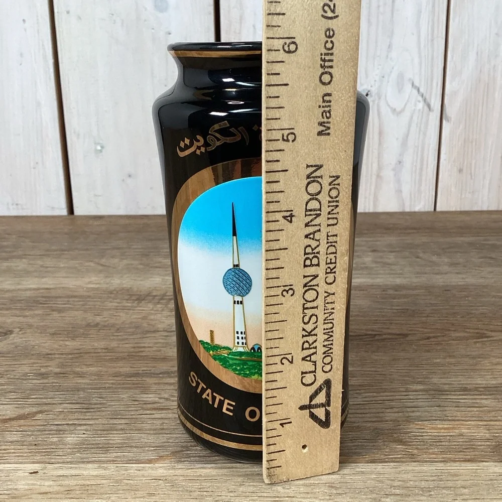 The Art of Chokin State of Kuwait Black Glass Collector's Vase 24kt Gold 6" Tall - Picture 11 of 11